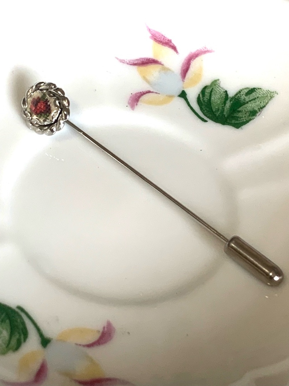 Silver Floral Stick Pin with Pink Center